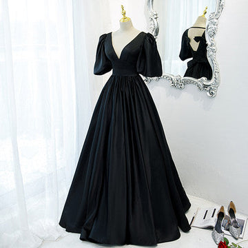 A line Short Sleeves V neckline Long Black Prom Dresses HZ1023